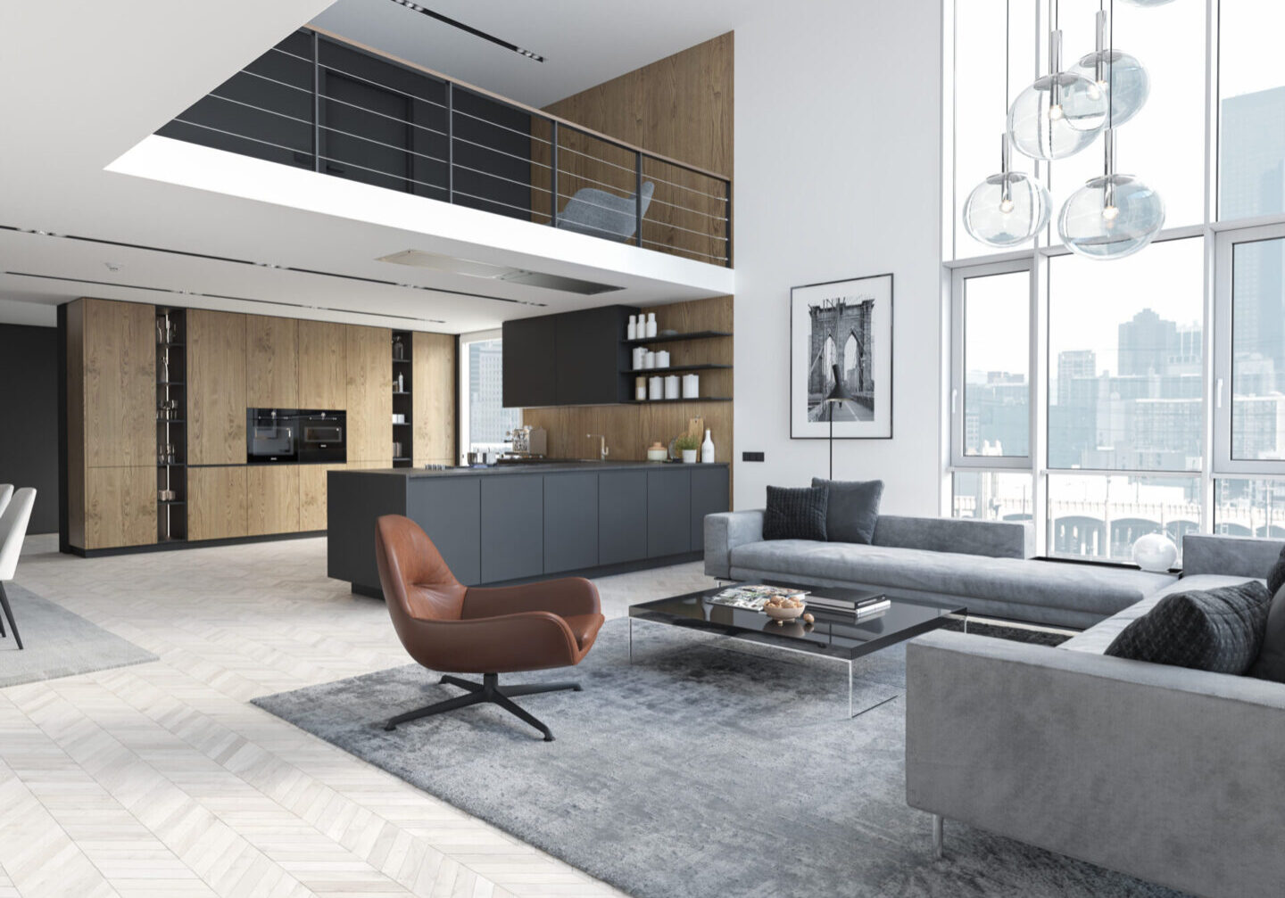 3d rendering. loft apartment with living room and kitchen.
